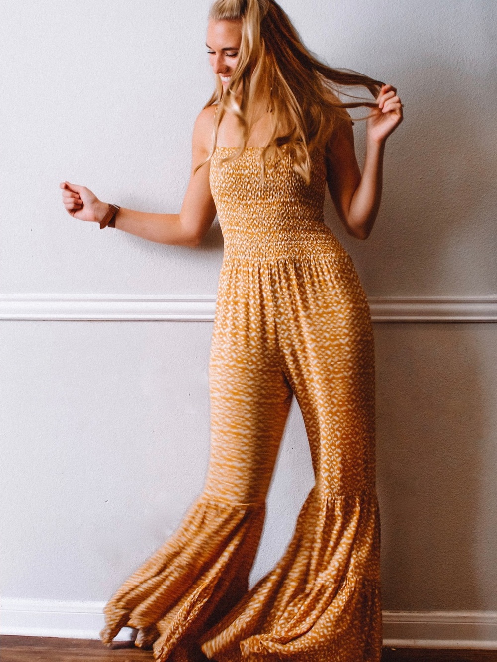 The Impeccable Pig Mustard Yellow Hippie Boho 70’s Bell Bottom Flare Jumpsuit